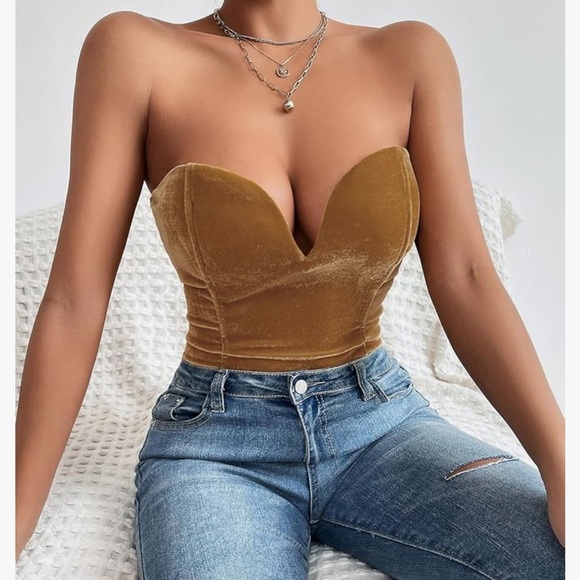 Sexy Velvet Strapless Bodysuit  Vintage Deep V Neck Lace Up Cross Back khaki M - Picture 6 of 6